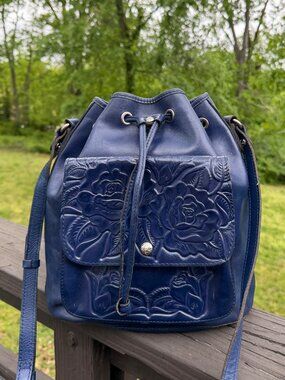 Patricia Nash Sabina Drawstring Bucket Bag Tooled Leather Patriotic Blue America